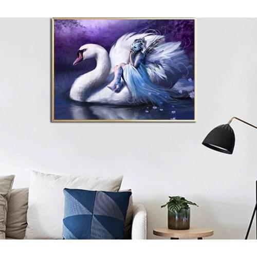 Modern Posters and Prints Angel Women and White Swan Print Oil Painting Canvas Wall Art Pictures for Living Room Home Decor