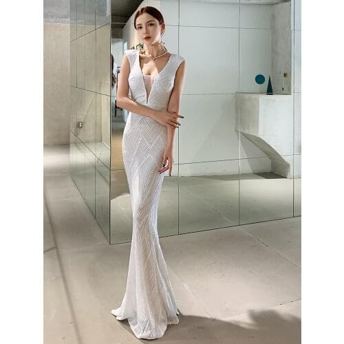 Partysix Womens Dress Sexy V-neck Open Back Bead Long Sequin Evening Dress 2021 New White Womens Party Dress Hip Dress