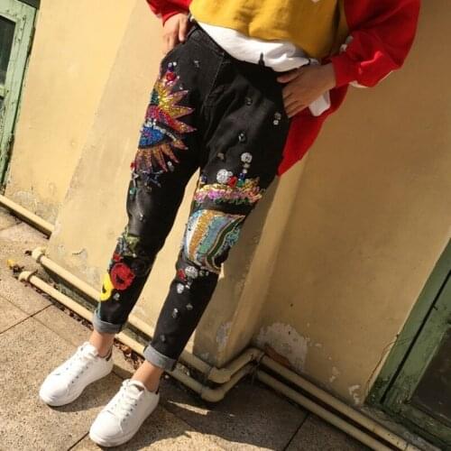Sequined Loose Bottoms Jeans For Women Trousers Casual Harem Denim Pants Female Embroidered Diamond Beading Pattern Pencil Pants