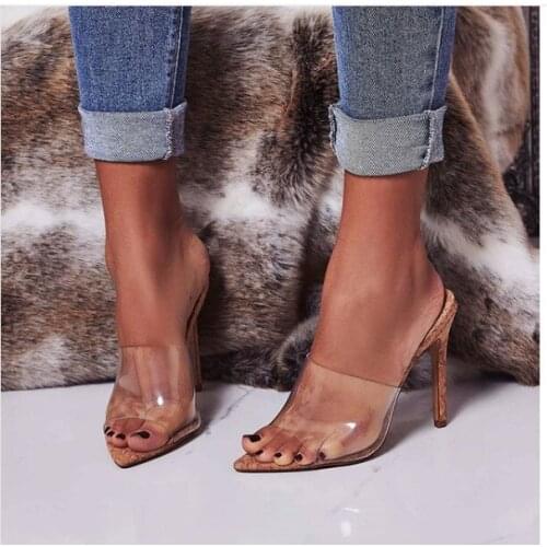 2020 New Apricot Sexy PVC Transparent Slippers Fashion Open Toed Square Head Thin Heels Women High heels Slippers Sandal