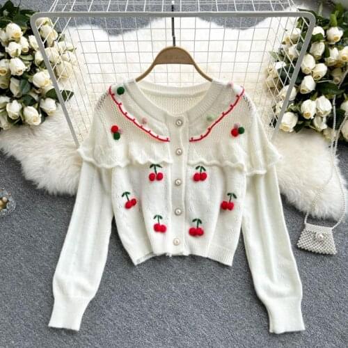WIGADFHK Knit Cardigan Jacket Fashion V-neck Long Sleeve Cherry Hollow Elegant Sweater Slim White Short Sweater Sueter