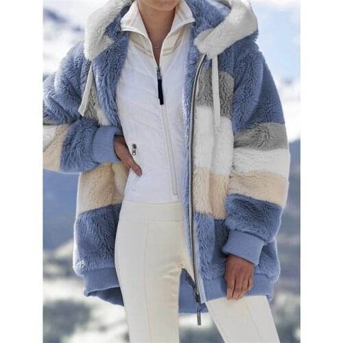 Winter Women Jacket Fashion Plush Patchwork Zipper Pocket Winter Hooded Jacket Retro Loose Long Sleeve Plus Size Women Top Coat