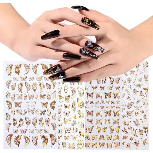 1pc Holographic 3D Butterfly Nail Art Stickers Adhesive Colorful DIY Laser Golden Nail Transfer Decals Foils Wraps Decorations