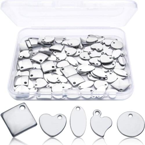100pcs 5 Styles Stainless Steel Engraving Tags Blank Stamping Tag Flat Round Oval Heart Square Apple Pendant DIY Jewelry Making