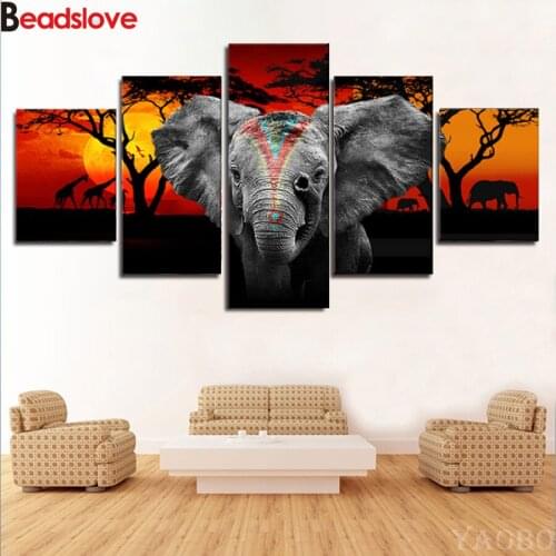 3d Diamond Embroidery,5 piece Sunset elephant landscape,full square round drill,diy 5d diamond painting cross stitch mosaic kits