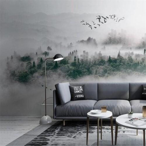 Milofi 3D Wallpaper Minimalist Nordic Style Birds Fog Pine Forest Clouds and Fog TV Background Wall Decoration Painting