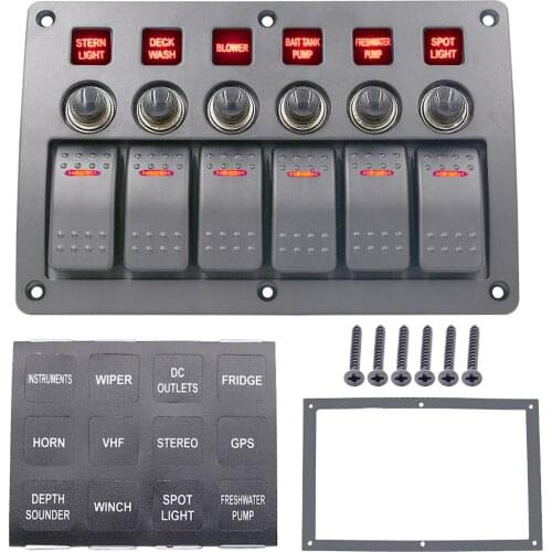 6 Gang Rocker Switch Panel with LED Indicator Light Waterproof Circuit Breakers Switch Panel 12V ~24V for Boat Car
