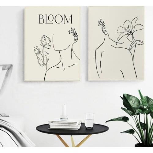 Abstract Woman Bloom Fine Line Drawing Art Print Boho Decor Neutral Wall Art Poster Canvas Painting Scandinavian Style Pictures