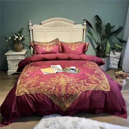 Red luxury Embroidered 120S Egyeptian cotton Royal Bedding sets Queen King Wedding Duvet cover Bed sheet set Pillowcases 4pcs