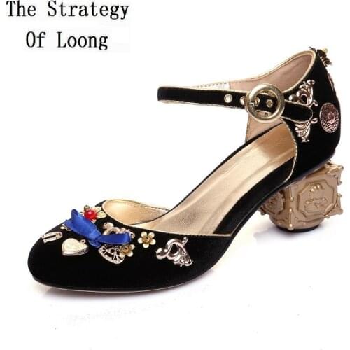 Spring Summer Autumn New Thick High Heels Round Toe Metal Decoration Bowknot Buckle Strap Cut Out Women Pumps Ladies Sandals