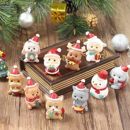 Miniature Christmas Cute Cartoon Animal Resin Ornament Crafts Fairy Garden Figures Home Desktop Decor Micro Landscape Kids Gift