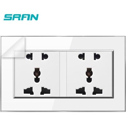 SRAN 5 hole multi-function wall power socket,13A 250V White crystal acrylic panel,146 * 86mm universal plug socket
