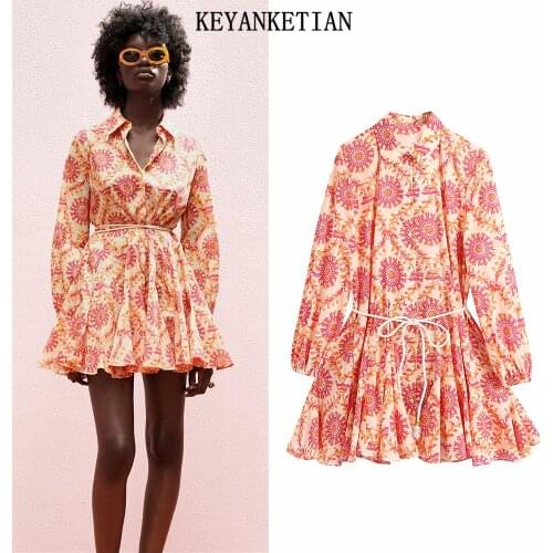 KEYANKETIAN Ladies Fashion Fashion Belt Printed Mini Dress Retro Long Sleeve Button-Down Ladies Dress Vestidos Mujer