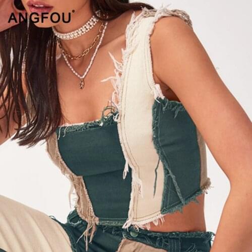 Fashion Ladies Patchwork Vest Summer Sleeveless Denim Vest Cropped Woman Sexy Clothes Women Short Tank Club Denim Top For Women