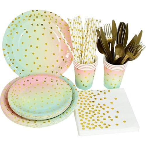 New Color Polka Dot Bronzing Disposable Tableware For Wedding Birthday Party Decoration Disposable Plates Cups Paper Tablecloth