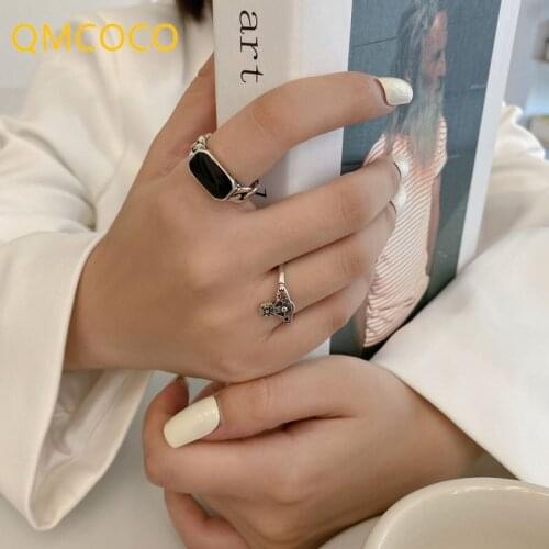 QMCOCO 925 Silver Black Rectangular Ring Design Vintage Personality Universe Stars Open Adjustable Ring Hip-Punk Party Gifts