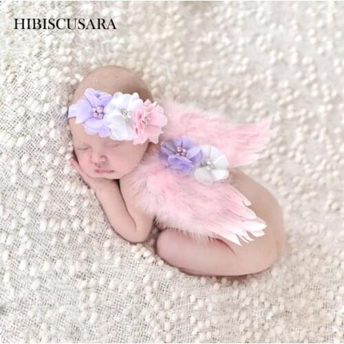 Newborn Photography Props Costumes Angel Wings+ Flower Lace Headband 2pcs Sets Fur Feather Wing Baby Girl Pictures Clothing