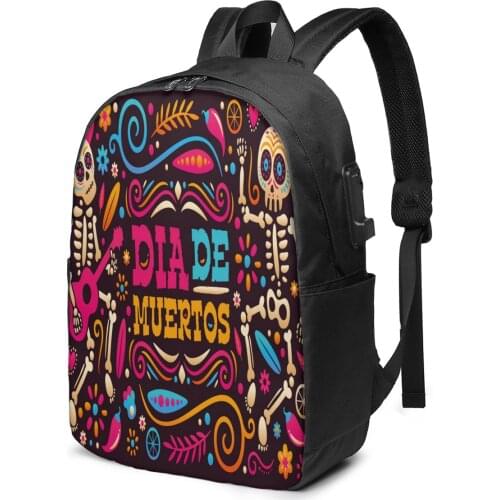 School Laptop Backpack Dia De Muertos 17 inch Travel Multi USB Charger Bag