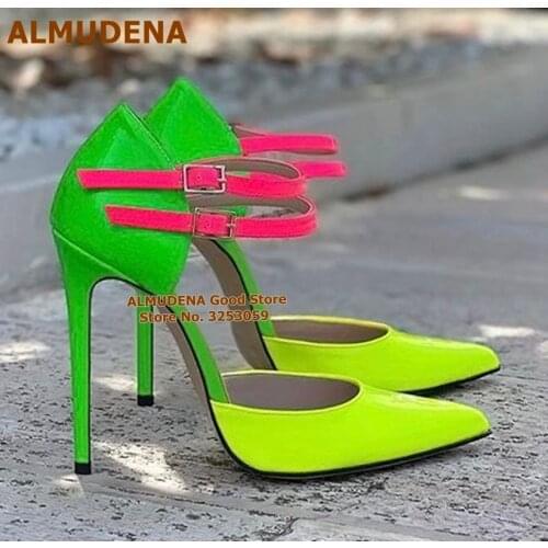 ALMUDENA Neon Green Patent Leather High Heel Shoes Pink Candy Color Patchwork Buckle Strap Dress Pumps Pointed Toe Wedding Heels