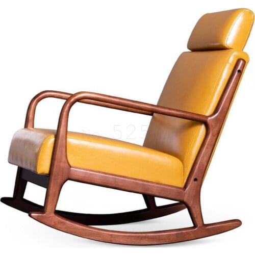 Solid Wood Single Sofa Chair Modern Leather Rocking Chair Adult Nap Lifting Chair Household Balcony Leisure Chair