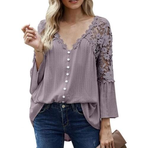 Women Blouse Solid Color Lace Pullover Flare Sleeve V Neck Top See Through Back Large Hem Shirt for Daily Wear
