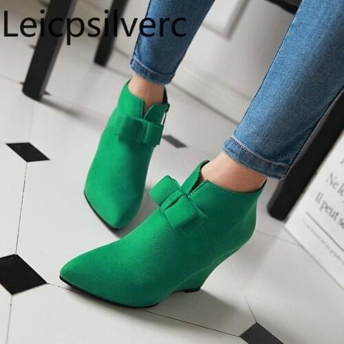 Womens Boots winter new style Flock Butterfly-knot Pointed zipper Wedge High heel Womens short Boots plus size 33-43