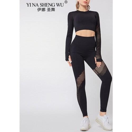 Women Seamless Yoga Set Gym Clothing Fitness Hollow Out Leggings Cropped Shirts Sport Women Long Sleeve Tracksuit Active Wear