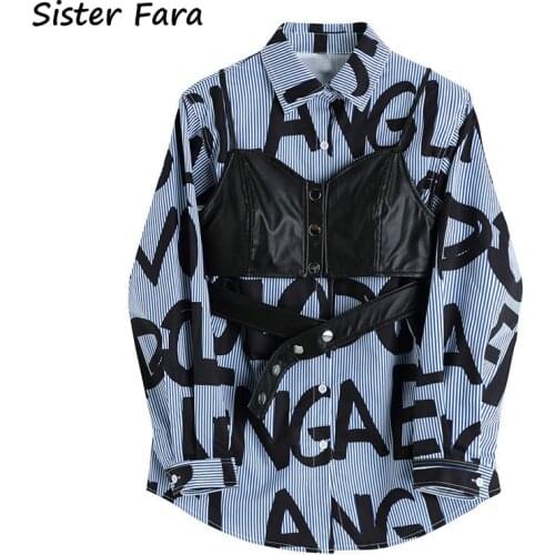 Sister Fara New Fashion Striped Print Floral Shirt Womens Spring +Camisole Loose Vest Women Summer Blouse Casual 2 Piece Set