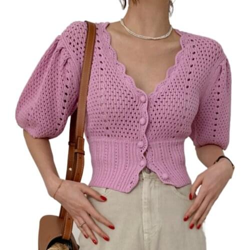2021 New Korea Chic Crochet Hollow Out Cardigan Crop Top Summer Puff Sleeve V-neck Single-breasted Slim Knitted Sweater Women