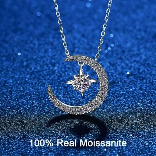 Real VVS1 Moissanite Necklace For Women 925 Sterling Silver Moon Star 0.3 CT GRA Diamond Pendant Necklace Bridal Fine Jewelry