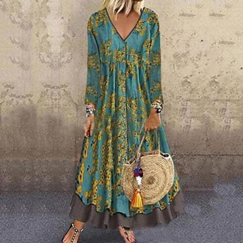 Women Dress Vintage Pattern Print V Neck Autumn Winter Fake Two Piece Long Sleeve Ruffles Hem Lady Dress Mujer
