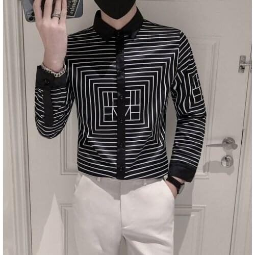 2021 Autumn Striped Mens Shirt Non-iron Slim Long Sleeve Casual Shirt Business Social Formal Shirts Party Tuxedo Streetwear