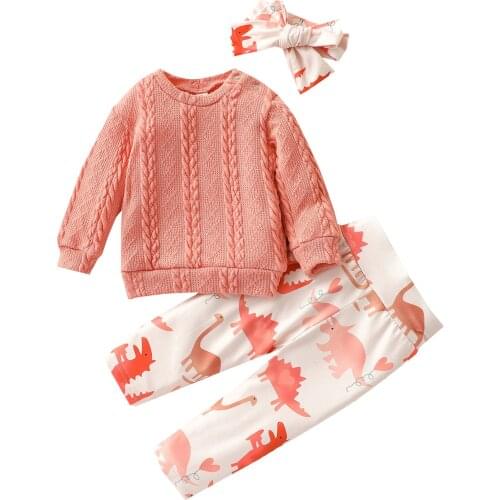 3Pcs Kids Autumn Tracksuit, Round-Neck Long Sleeves Knit Sweater + Dinosaur Print Pants + Hairband for Girls