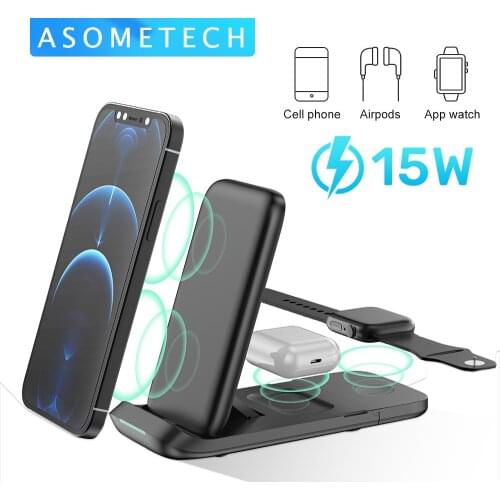 Foldable 15W Fast Wireless Charger Station 3 in 1 Qi Charging Dock Station For iPhone 12 11 Apple Watch SE 6 5 4 3 AirPods Pro