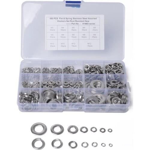 450PCS Set Stainless Steel Flat Washers Spring Washers Split Lock Washer Kits M3-M12 for Metric Bolts
