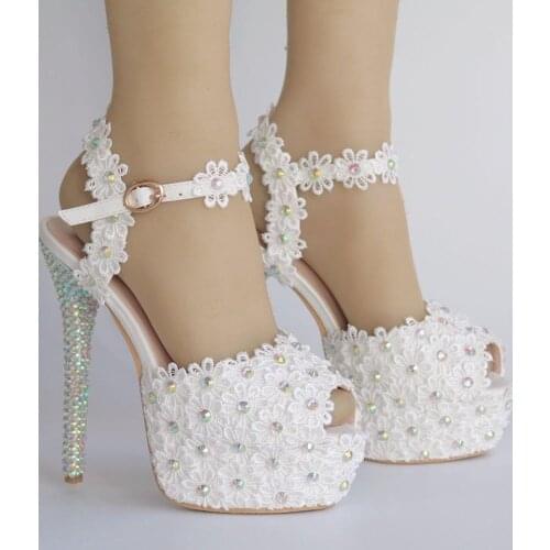 14 cm high heel white lace flowers wedding shoes round toe slippers bridal sandals high heel womens pumps