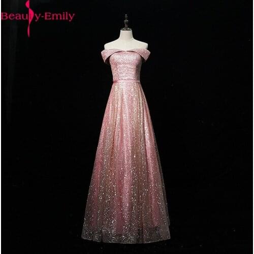 Shining Sequined Sexy Boat Neck Off the Shoulder Evening Dress 2020 New Arrival 3 Colors Available Party Dress with Sashes