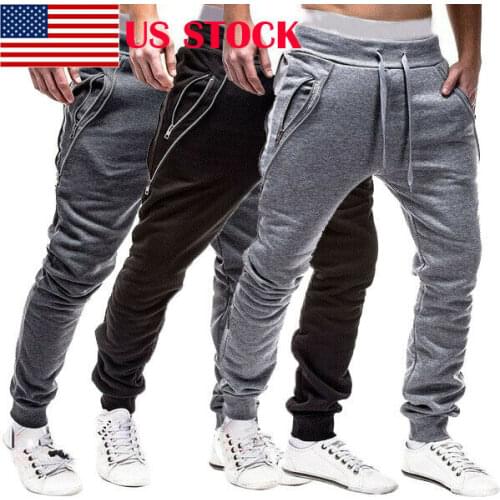 Men Casual Fashion Fake Zipper Slim Fit Sport Pants Long Trouser Tracksuit Males Solid Color Sweatpants Black Light Gray