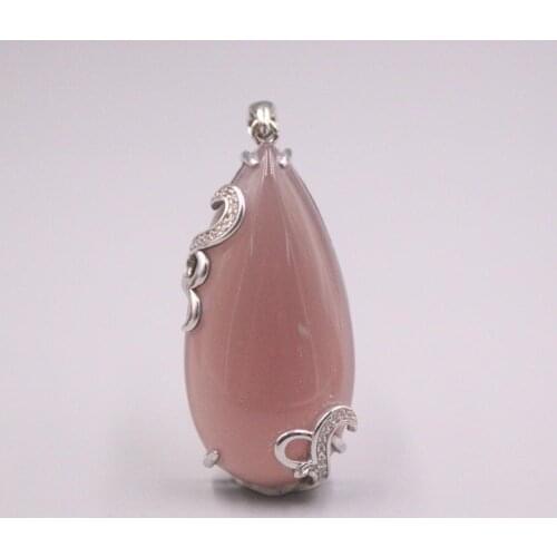 Pure 925 Sterling Silver Pendant 56x20mm Pink Chalcedony Pattern Drop-Shaped Charms