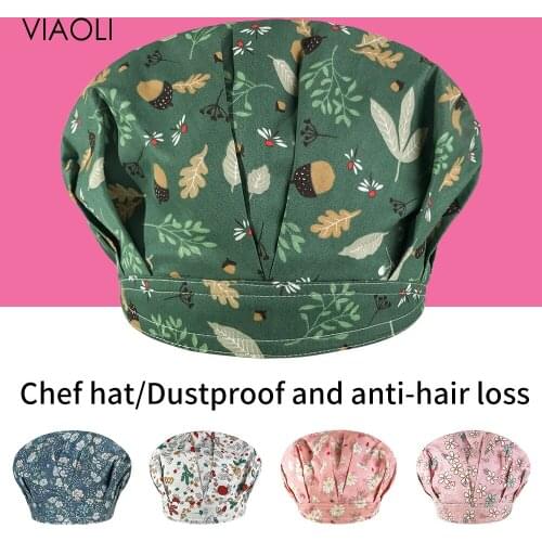 Flower Print Cooking Bakery BBQ Cook Work Hat Unisex Cotton Restaurant Kitchen Hat Chef Waiter Work Caps for Long Hair Men Women