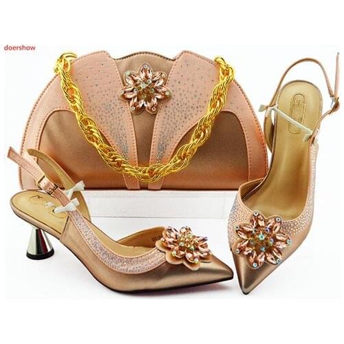Doershow peach Shoes with Matching Bags for Wedding ladyShoe and Bag to Match for party Nigerian Shoes and Bag Set!SLN1-33