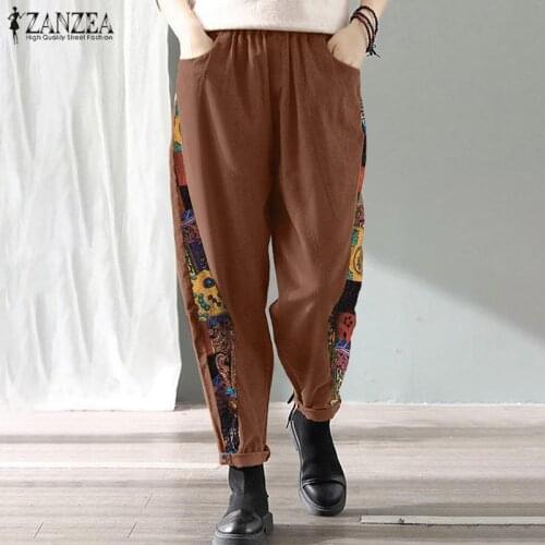 ZANZEA 2021 Kaftan Autumn Printed Pants Womens Stiching Trousers Elastic Waist Long Pantalon Female Cotton Turnip Plus Size 5XL