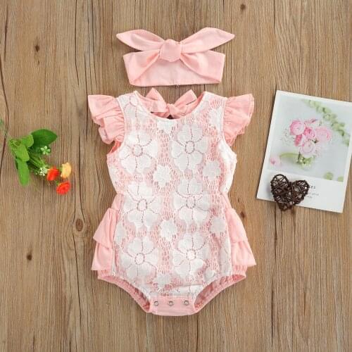 Infant Lace Bandage Jumpsuits Suits Newborn Infant Baby Girl Fly Sleeve Romper + Headband Toddler 2pcs Cotton Lovely Sets