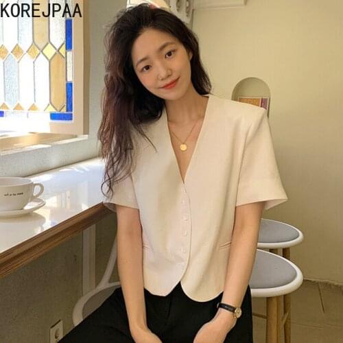 Korejpaa Women Shirt 2021 Korean Fashion Chic Summer Simple V-neck Single-line Buckle Loose Casual Short-sleeved Blouse Top