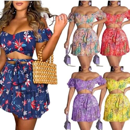 New Foral Beach Bohemian Womens Tracksuit Mini Pleated Skirts Set with Crop Tops Matching Two 2 Piece Set Active Sweatsuit