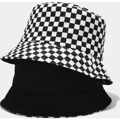 2021 New Black White Grid Hip-Hop Plaid Summer Bucket Hat Women Men Unisex Panama Bob Cap Fisherman Fashion Hat