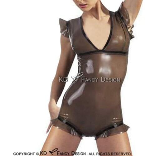 Transparent Black And Black Sexy Sleeveless Latex Swimsuit With Ruffles Back Zipper Rubber Body Suit Bodysuit LTY-0172