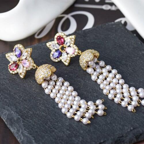 Women Copper +Zircon Multicolor Stone Flower CZ Crystal Pearl Long Tassel Dangle Earrings Jewelry For Women Lady Jewelry Gift