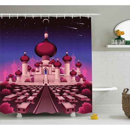 Fantasy Shower Curtain Arabian Castle at Night Oriental Fairy Tale Palace Landscape Illustration Bath Curtain For Bathroom