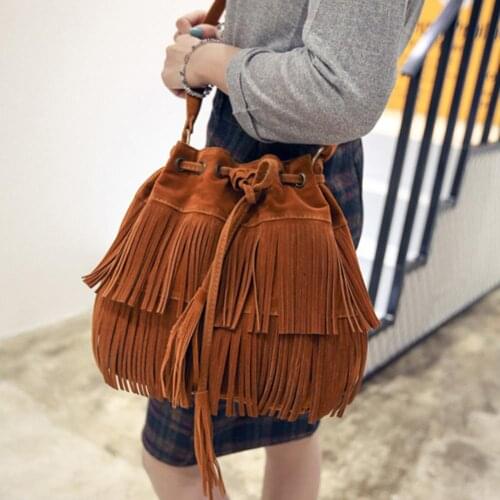Bag women Fashion Solid Color Women Fringe Drawstring Suede Crossbody Shoulder Bucket Bag bags for women сумка женск